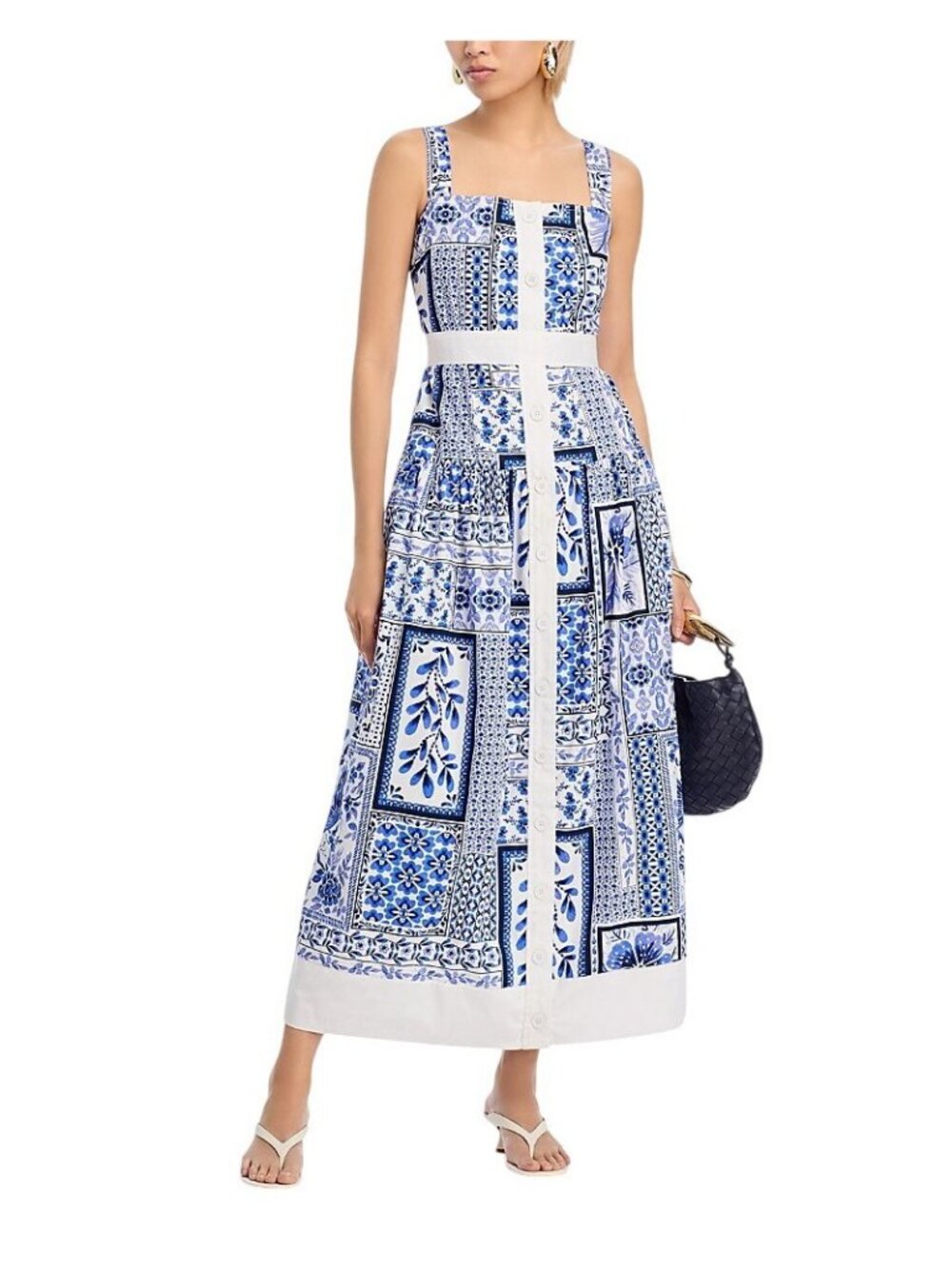 NWT Aqua Tile Print Button Front Maxi Dress IDM11816 Blue / White S